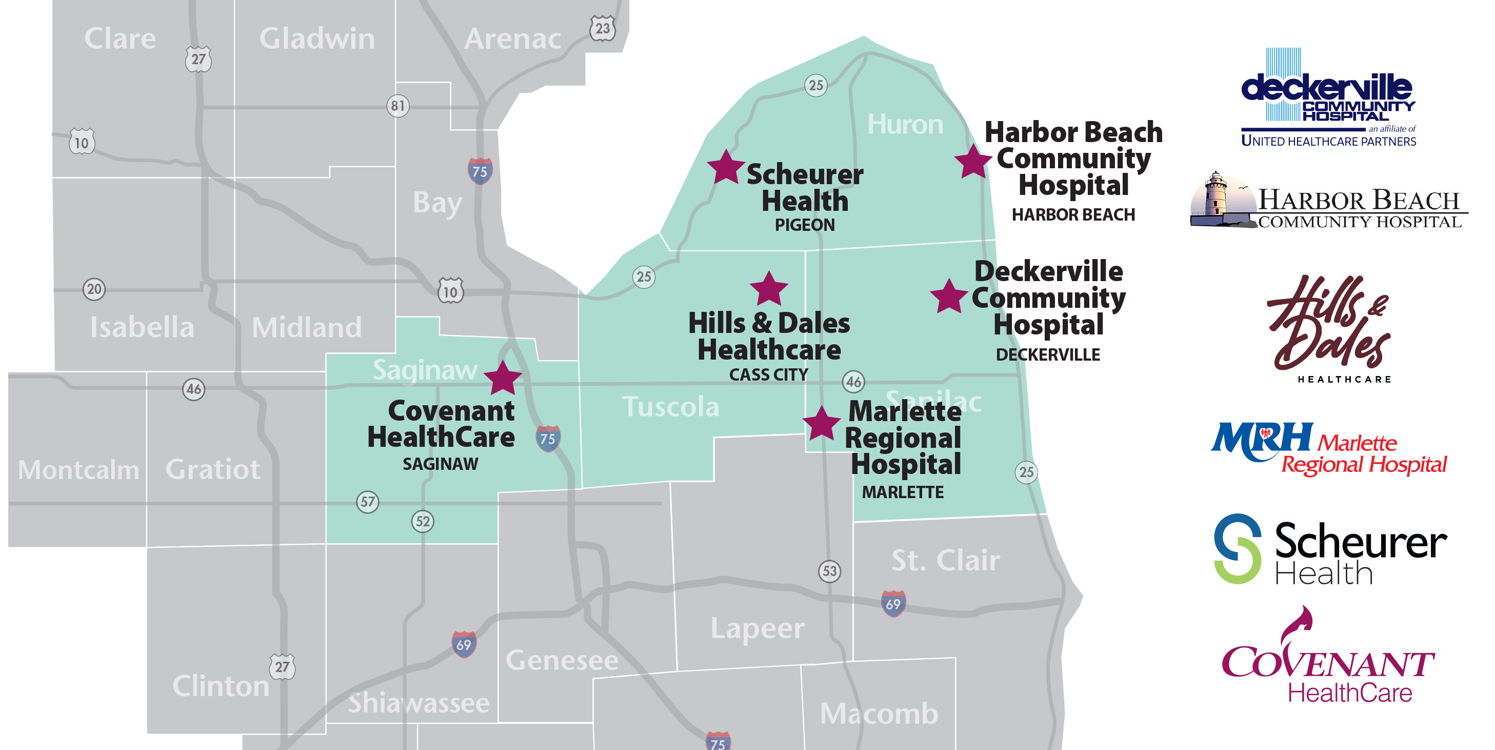 Map showing locations of Covenant Regional Thumb Network Hospitals