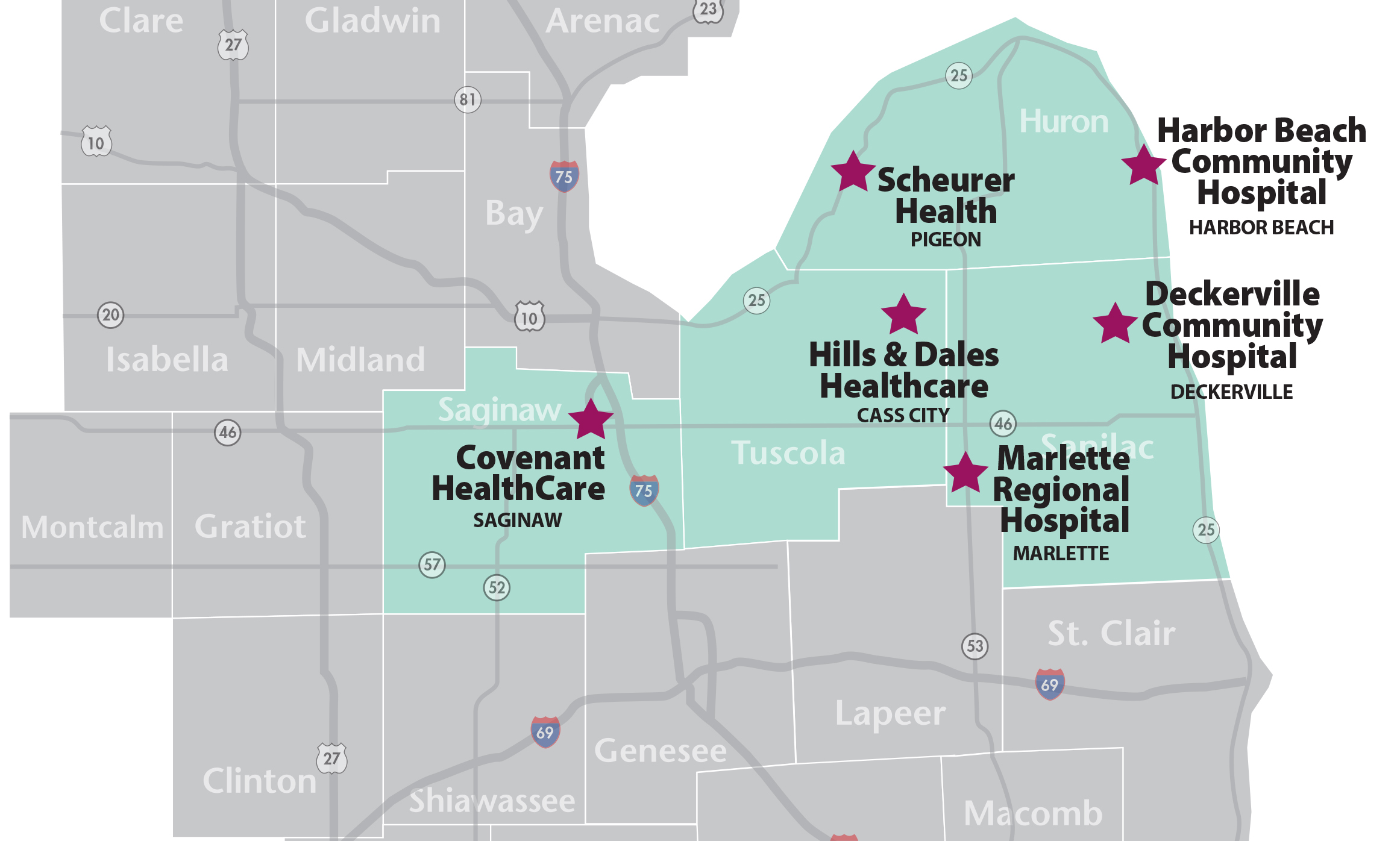 Covenant Regional Thumb Network Hospitals on Map