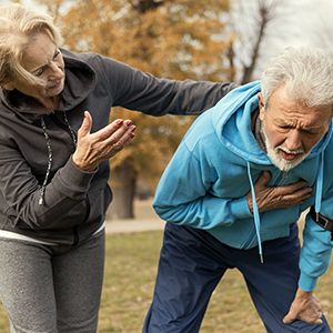 Image of Man holding chest and concerned woman