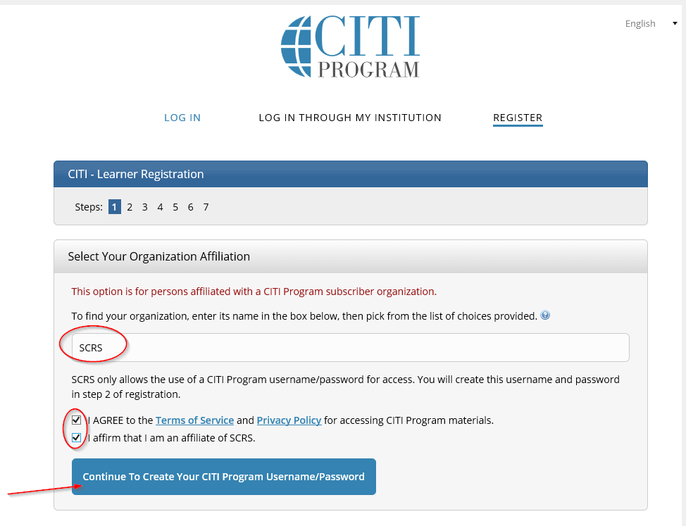 Screenshot of CITI program page